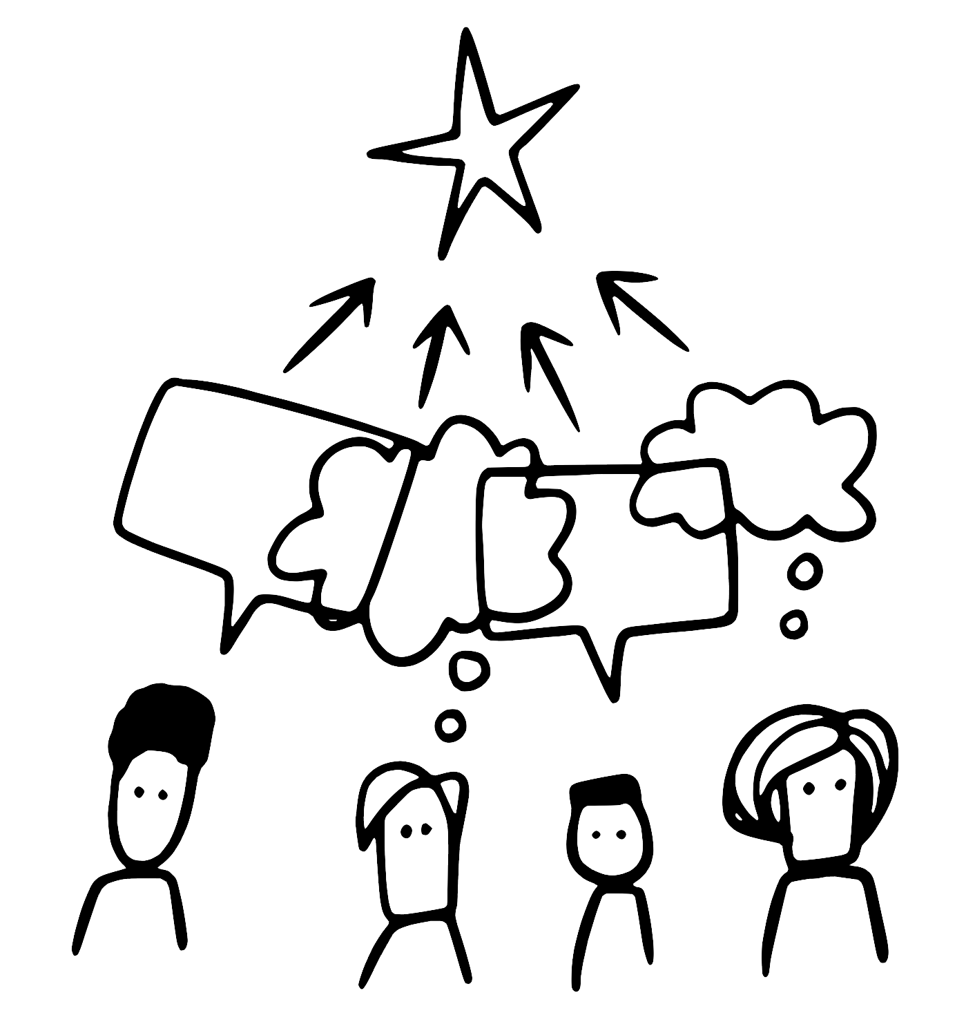 Sketch of four people brainstorming ideas toward a shared star